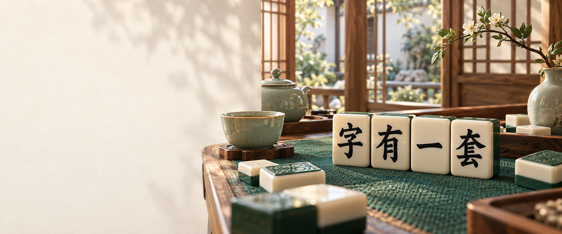 温暖茶室中的文字麻将与青瓷茶具，四张字牌组成字有一套；品牌概念图，并非游戏实机